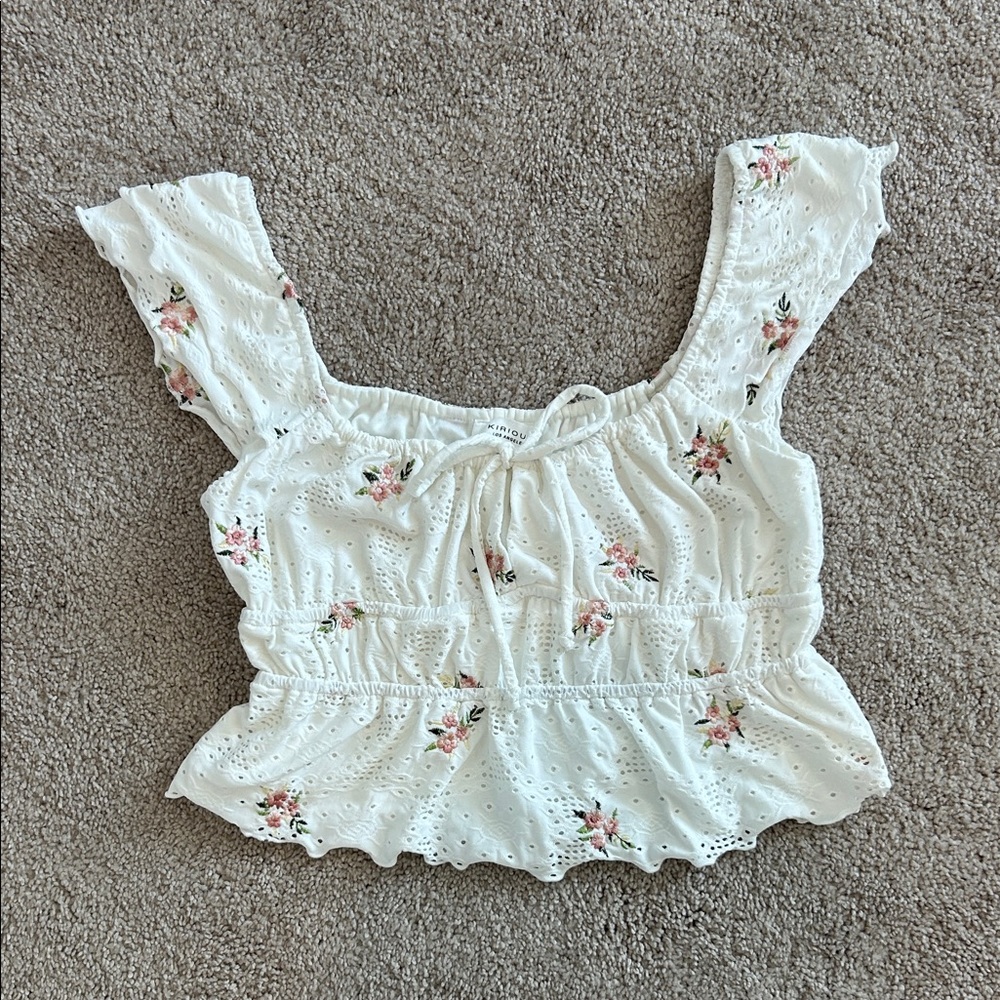 KIRIOUS LA White Floral Eyelet Tie-Front Peplum Crop Top summer spring M Medium - Picture 2 of 5